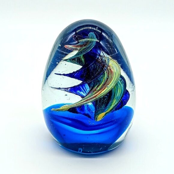 Blue Art Glass Egg-Shaped Swirl Paperweight - Picture 1 of 5
